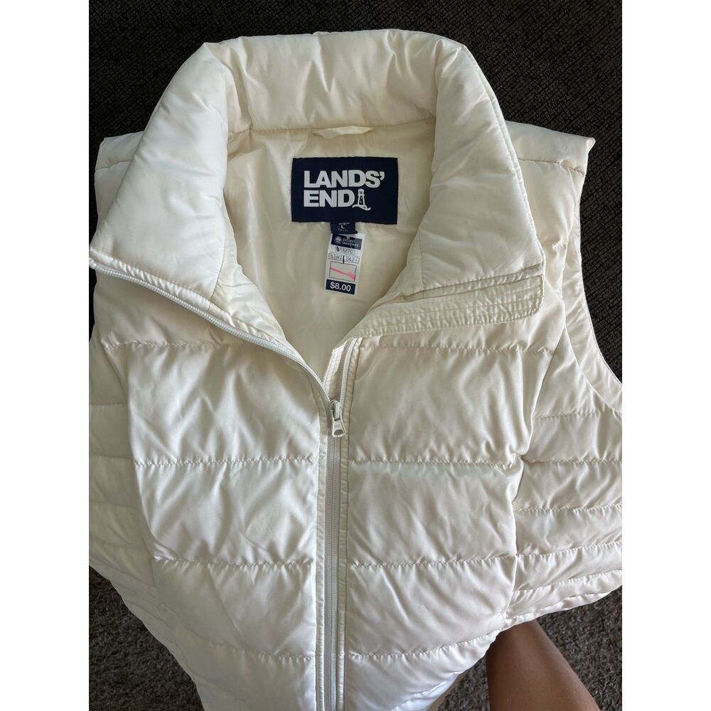 Land's End Cream White Quilted Puffer Vest Full Zip High Neck Size L